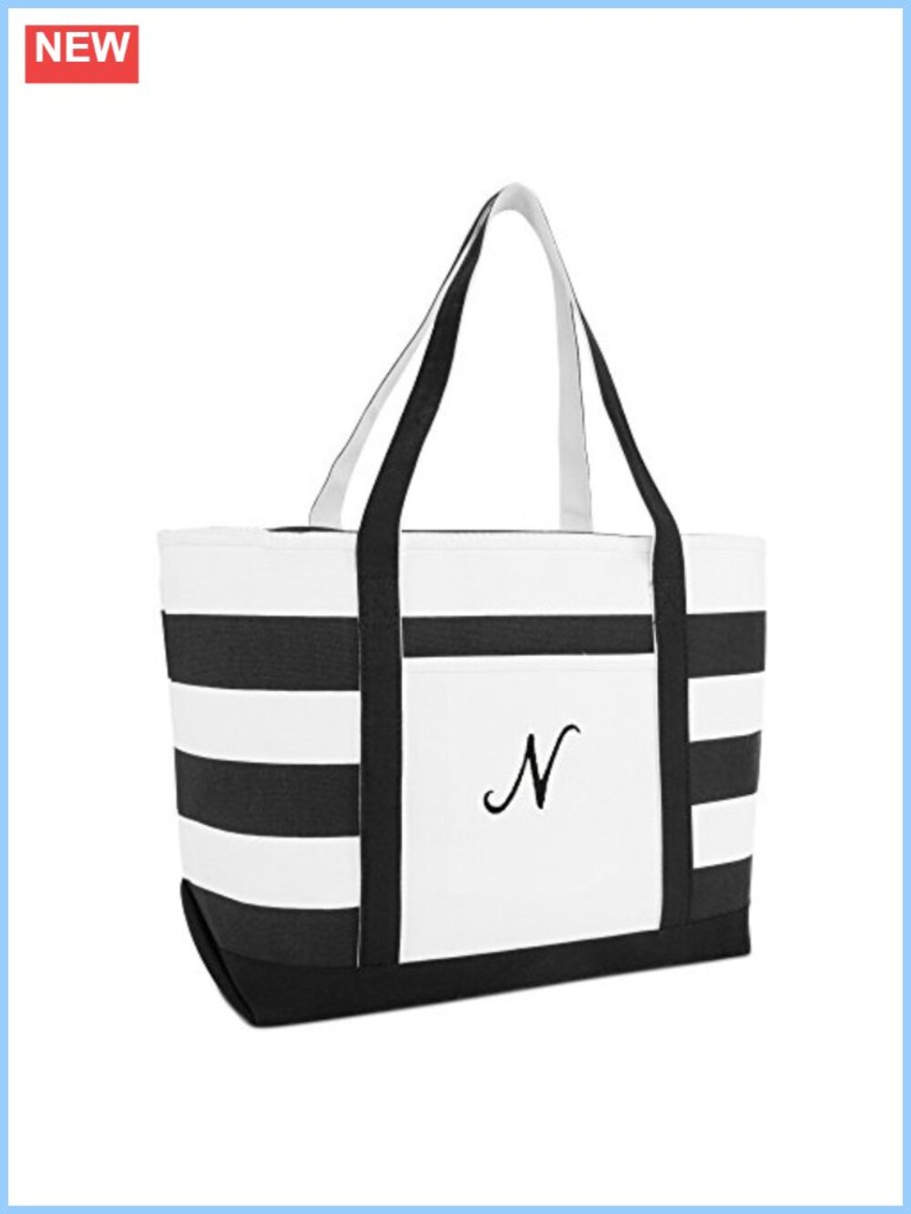 Striped Canvas Beach Tote Bag Initial N Embroidered Cotton